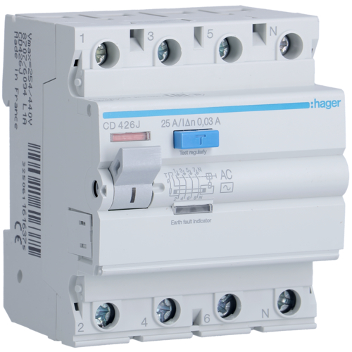 CD426J Întrerupător diferențial 4P 25A,  30mA,  tipAC
